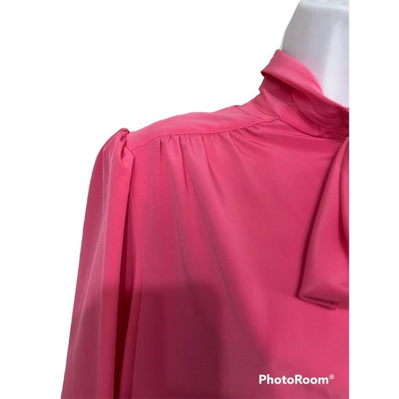 Vtg 80s Hot Pink Pussybow Blouse Sz 8 Long Sleeve Button Up Romantic Secretary - Picture 4 of 10